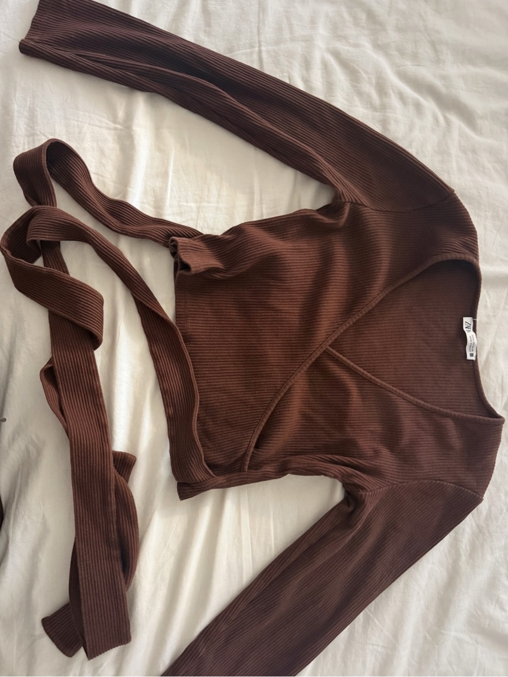 Zara Ribbed Wrap Crop Top in Deep Brown